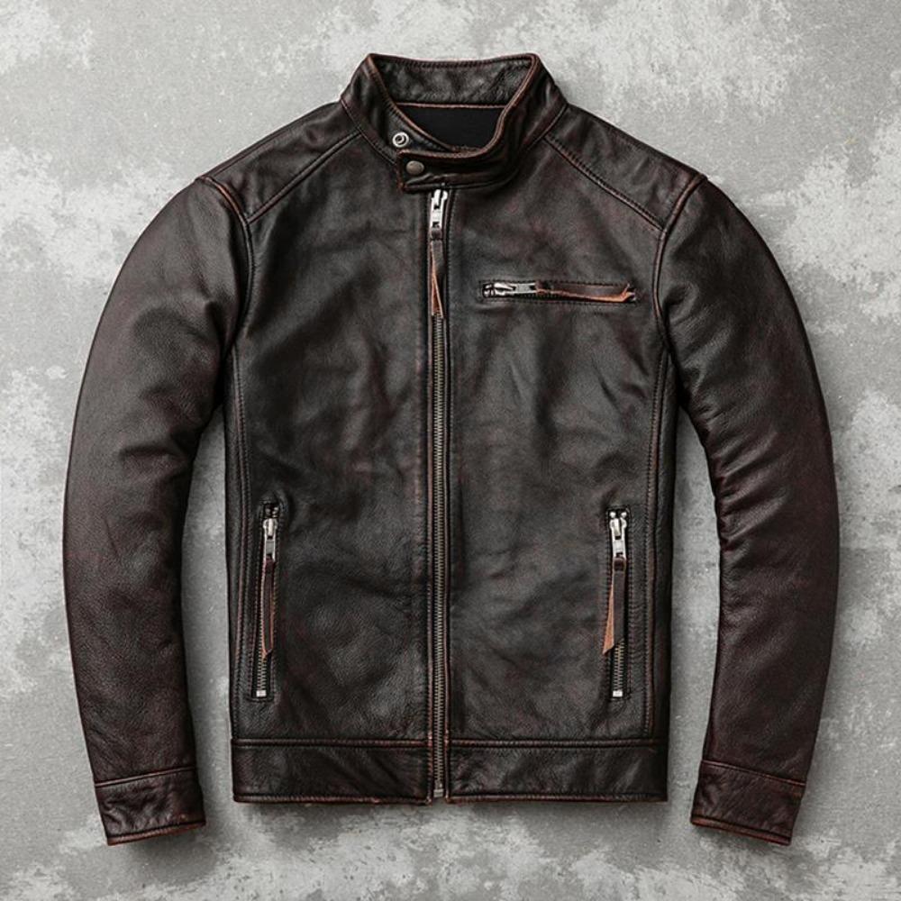Pánská slim bunda z první vrstvy hovězí kůže, retro stará, jarní a podzimní bunda z čisté kůže
