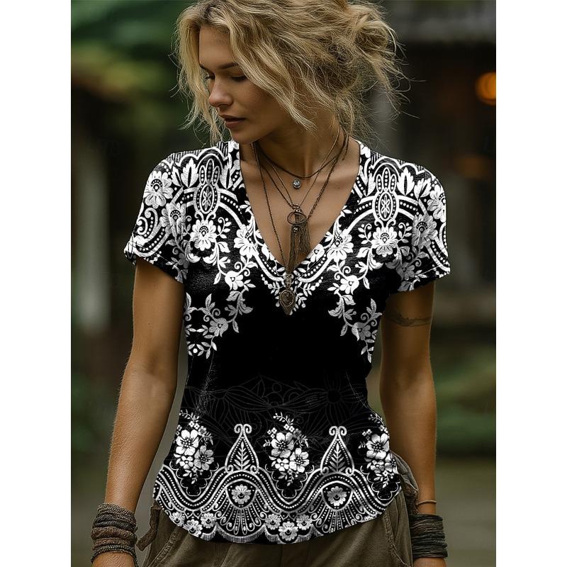 

Women s T Shirt Floral Graphic Paisley Bohemia VintageShort Sleeve V Neck Regular Tops Summer Spring 5XL