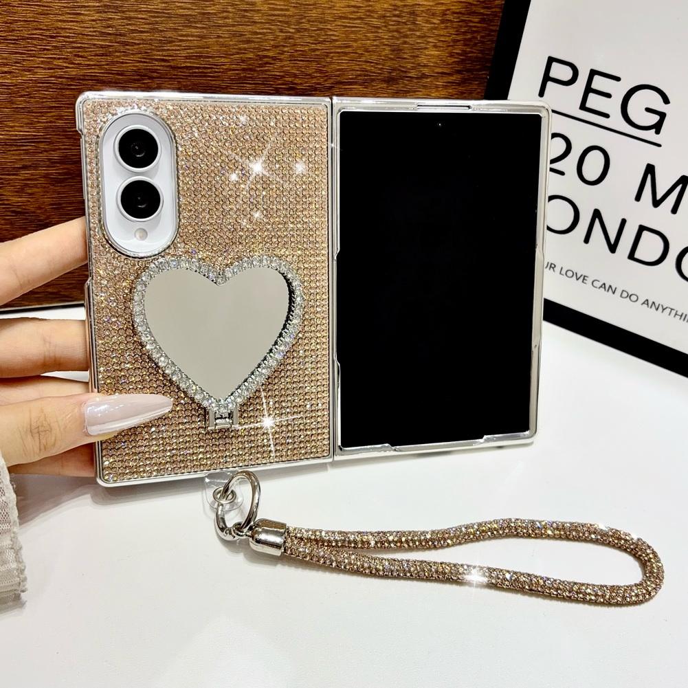 Shiny Rhinestone Heart Mirror Stand Phone Case For Samsung Z Fold 8 Fold8 Ultra Galaxy Z Fold 7 6 5 Plated Frame Glitter Cover