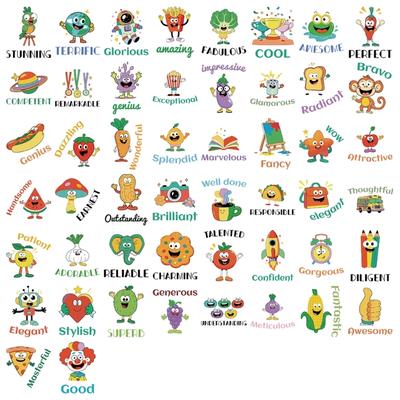 Colorful Cartoon Motivational Stickers Labels Reusable Adhesive Decoration Safe PVC Material School Home Activities 50x