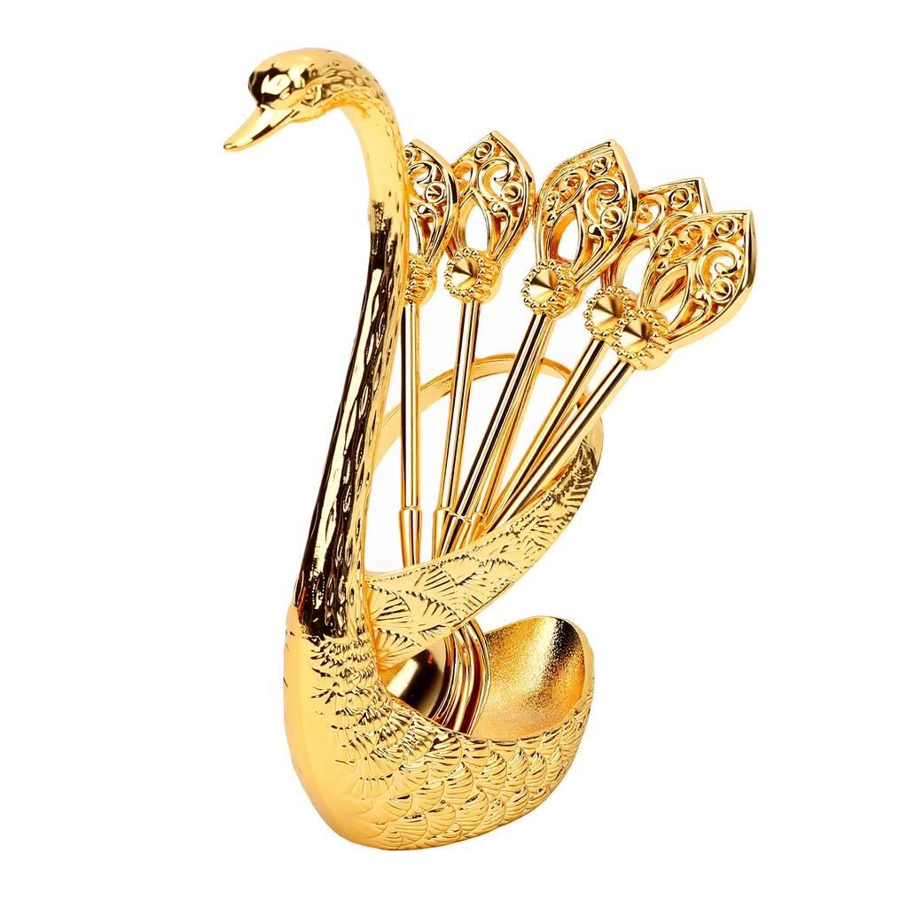 Coffee Spoon Holder Set Metal 6pcs Dessert Spoons and Swan Base Holder for Kitchen Coffee Station Bar Party Tabletop