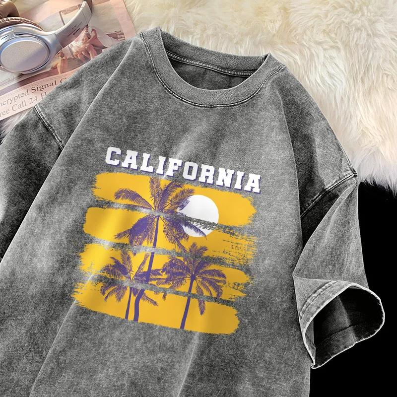 Seaside Sunset Printed T-shirt Coconut Tree Retro Washed Vintage T-shirt Loose Casual T-shirt for Men and Women  T Shirt