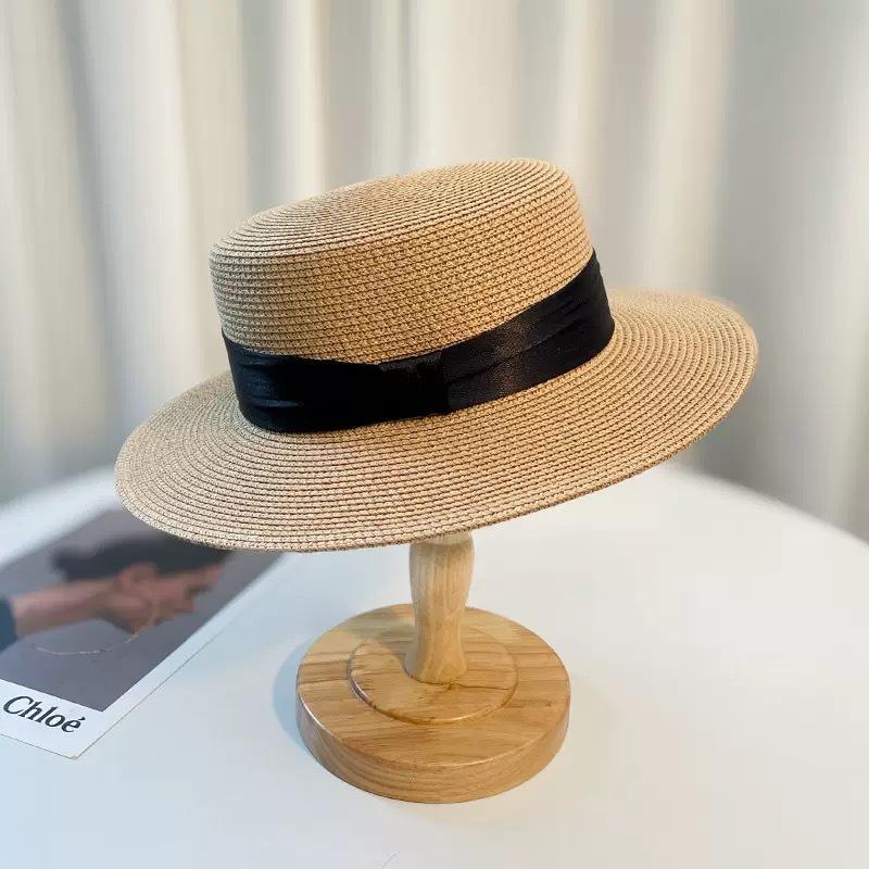 Women's High Quality Straw Woven Hat Elegant Lady Style French Flat Top Straw Hat Summer Seaside Vacation Sun Hat Fedora