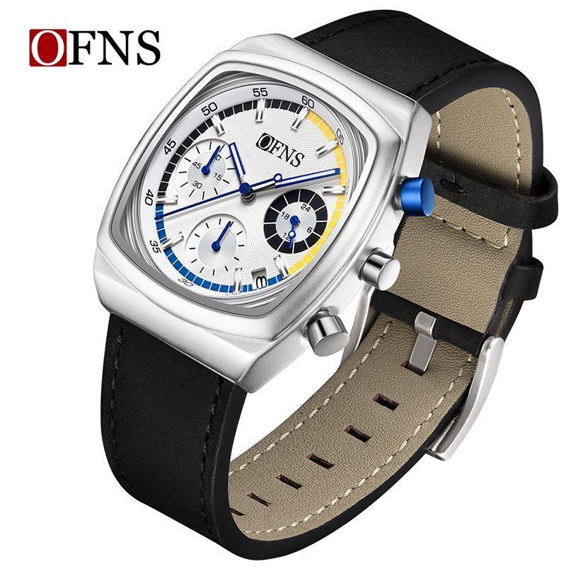 Square Dial Chronograph Quartz Watches for Men Fashion Leather Strap Casual Sport Wristwatch with Date Display Waterproof Luminous