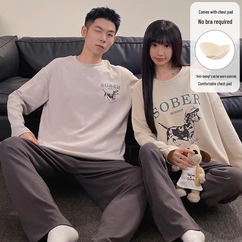 "Women's & Men's Cartoon Pajama Set with Chest Pads – Korean Style Long-Sleeve Home Wear for Autumn & Winter"