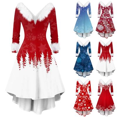 Kadın Modası V Yaka Rahat Slim Fit Noel Baskılı Peluş Parti Uzun Kollu Elbise
