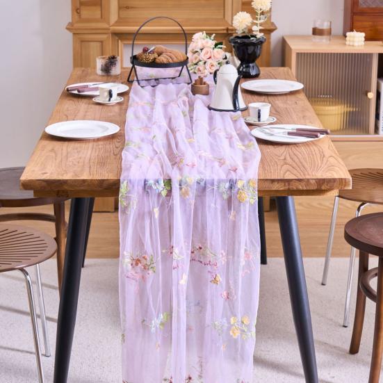 Bestickter Blumiger Tischläufer Transparenter Tüll Tischläufer Schmetterlingsblumen Tischläufer für Esstisch Hochzeit Babyparty Frühlingsfest