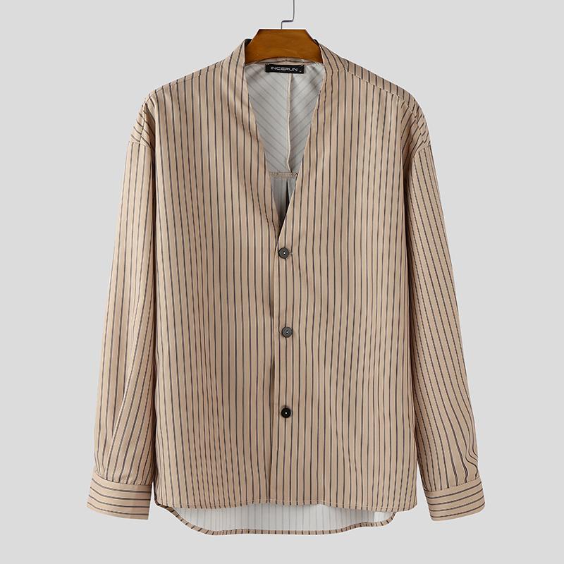 

INCERUN Oversized Men Collarless Long Sleeve Buttons Up Casual Striped Tops Shirts 5XL хаки