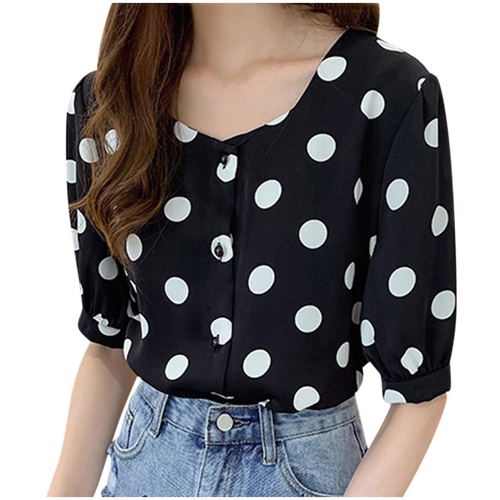 Fashion Women Casual Short Sleeve Polka Dot  Casual Tops Button Shirts