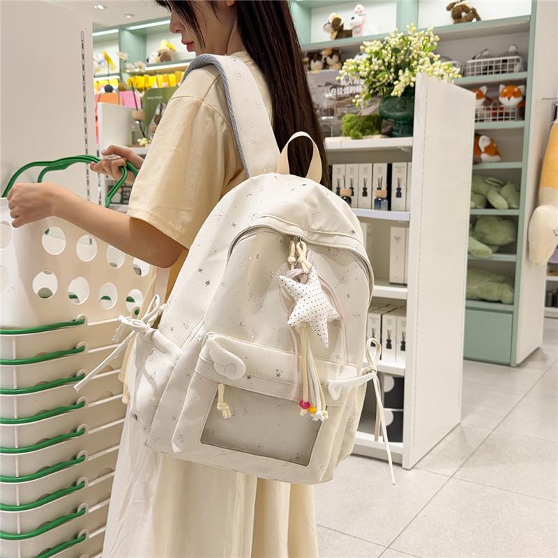 Cute Starry Print Backpack for Women, Lightweight School Bag with Front Mesh Pocket and Side Pockets