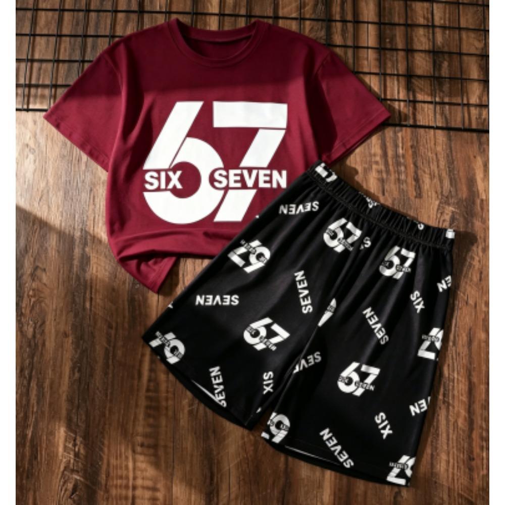 Herrset Six Seven 67 Tryckt Herr T-shirt och Shorts 2-delat Set Sommar Casual Utomhus Herr- och Dam-T-shirtset