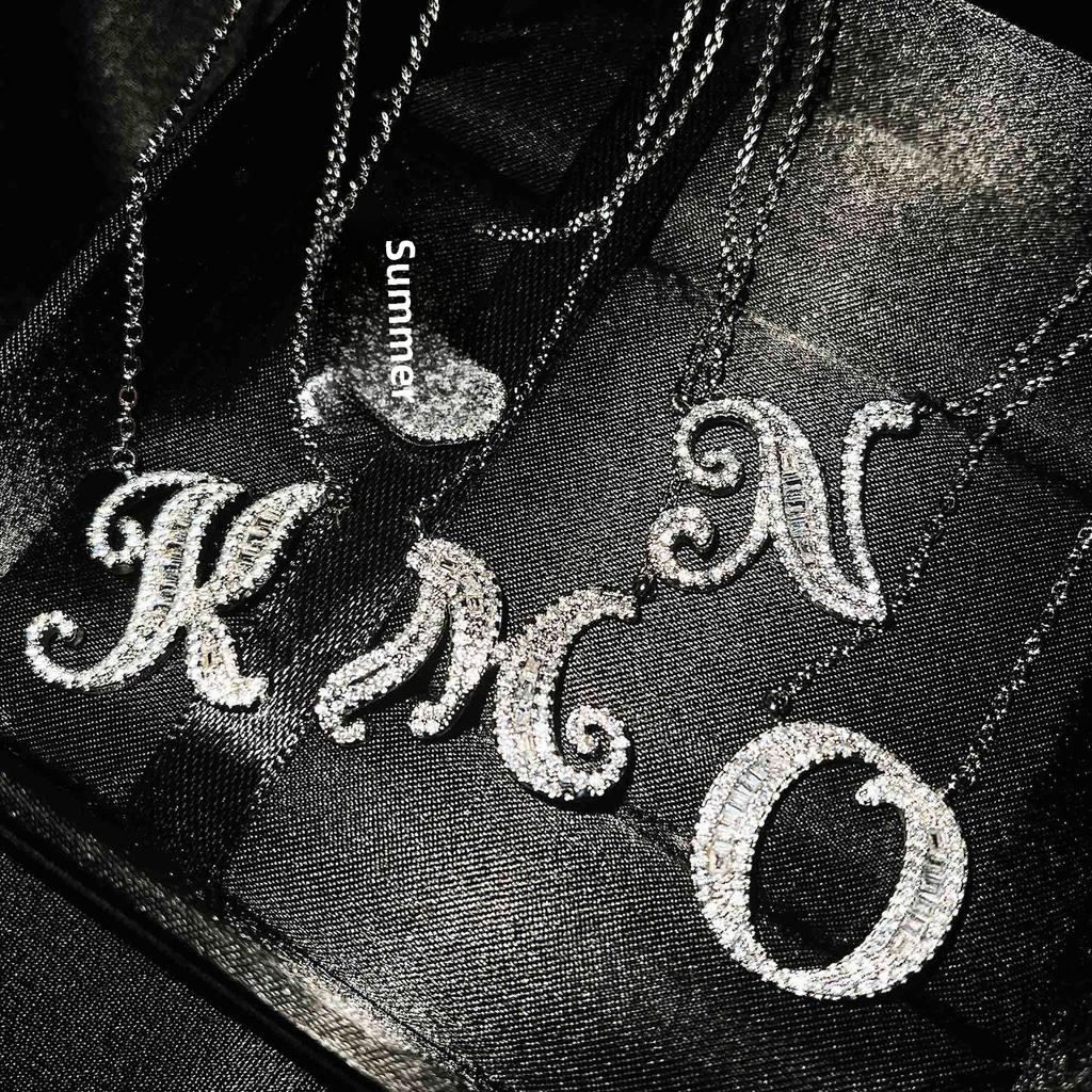 TikTok Live French-English Initial Pendant Necklace - Customizable 26 Letters, Full Diamond, Personalize Your Name or Surname