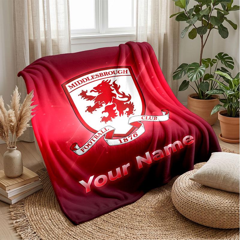 Middlesbrough FC Custom Name Text Flannel Blanket Soccer Logo Personalized Fleece Throw Blanket Special Gift For Sofa Bedroom Home