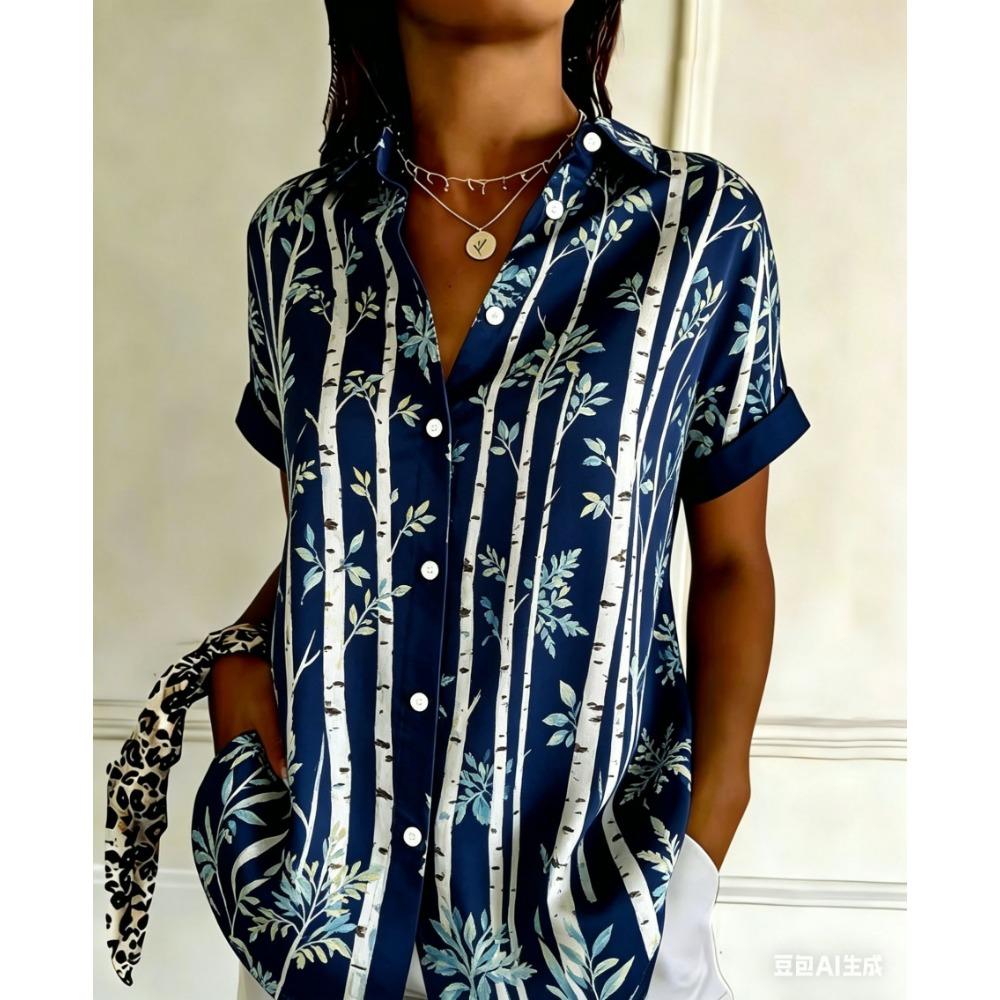 Women's Retro Geometric Striped Printed Button Short Sleeved Shirt with a Lapel Top, Summer Casual Short Sleeved Shirt