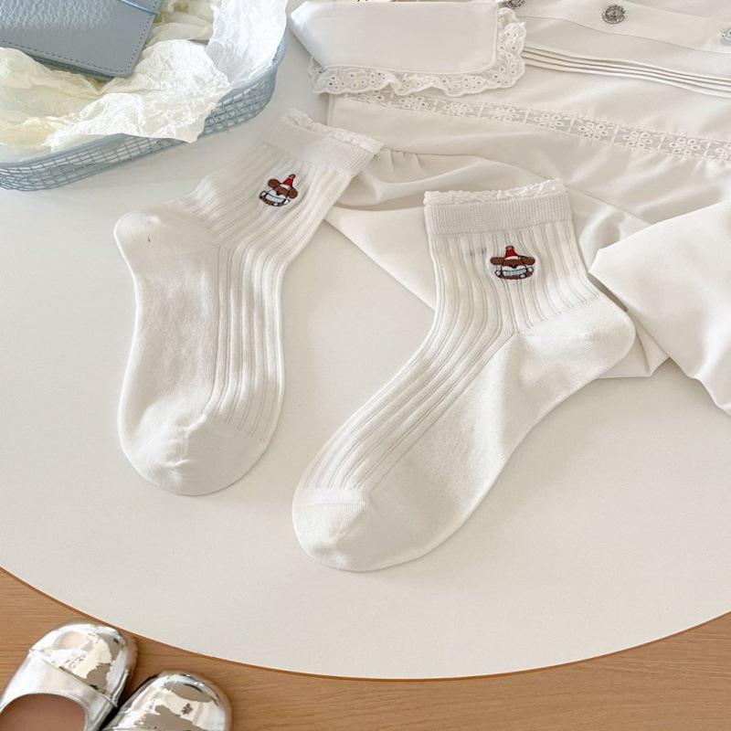 Women's Mid-Calf Japanese Cartoon Embroidery Socks, Spring/Autumn Style, Perfect Pair with Birkenstocks