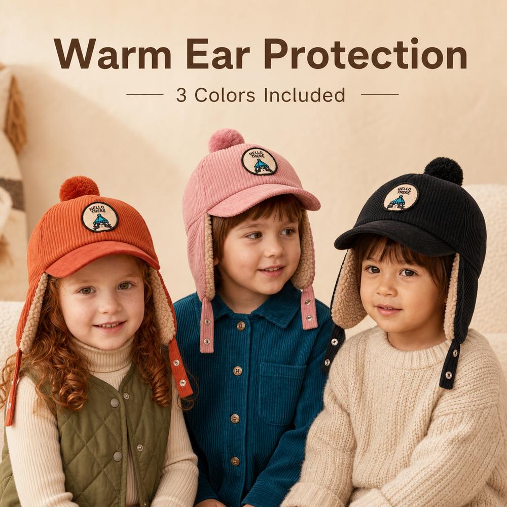 Faux Lamb Fleece Lining Children's Earflap Hat Solid Color Baby Warm Hat For Boys And Girls