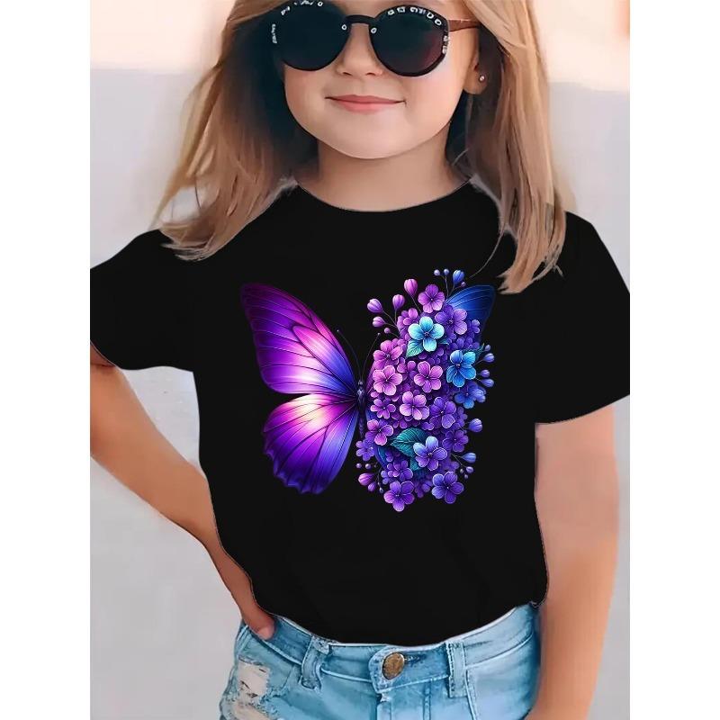 Girls Summer Fashion Short Sleeve T-Shirt Purple and Butterflies Cartoon Print Casual Versatile