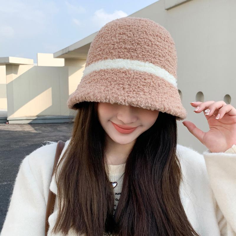 

Autumn and winter hat female alphabet imitation lamb wool striped bucket hat winter thermos hat thick One Size