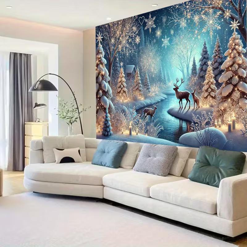 2D Christmas Deer Tapestry, Blue Night Winter Forest Wall Decor for Living Room Bedroom