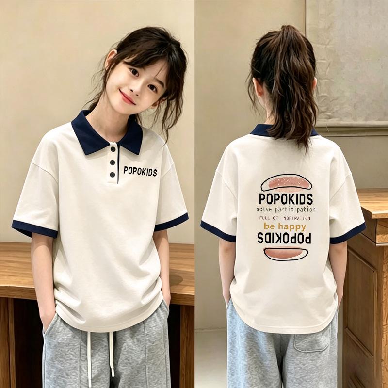 Girls' Cartoon Cotton Polo Shirt - Summer Lapel Short Sleeve for Ages 6-15