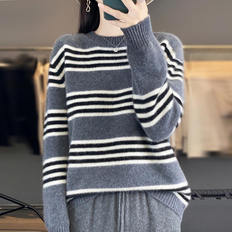 Women's Color Block Striped Knit Sweater: Cotton, Cashmere, & Wool Blend - Casual Autumn/Winter Pullover