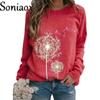R Women Dandelion Print Round Neck Long Sleeve Sweatshirt Ladies Fashion Loose Casual Pullover