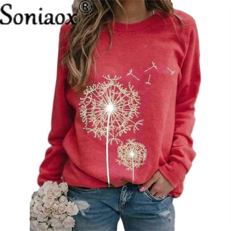 R Women Dandelion Print Round Neck Long Sleeve Sweatshirt Ladies Fashion Loose Casual Pullover