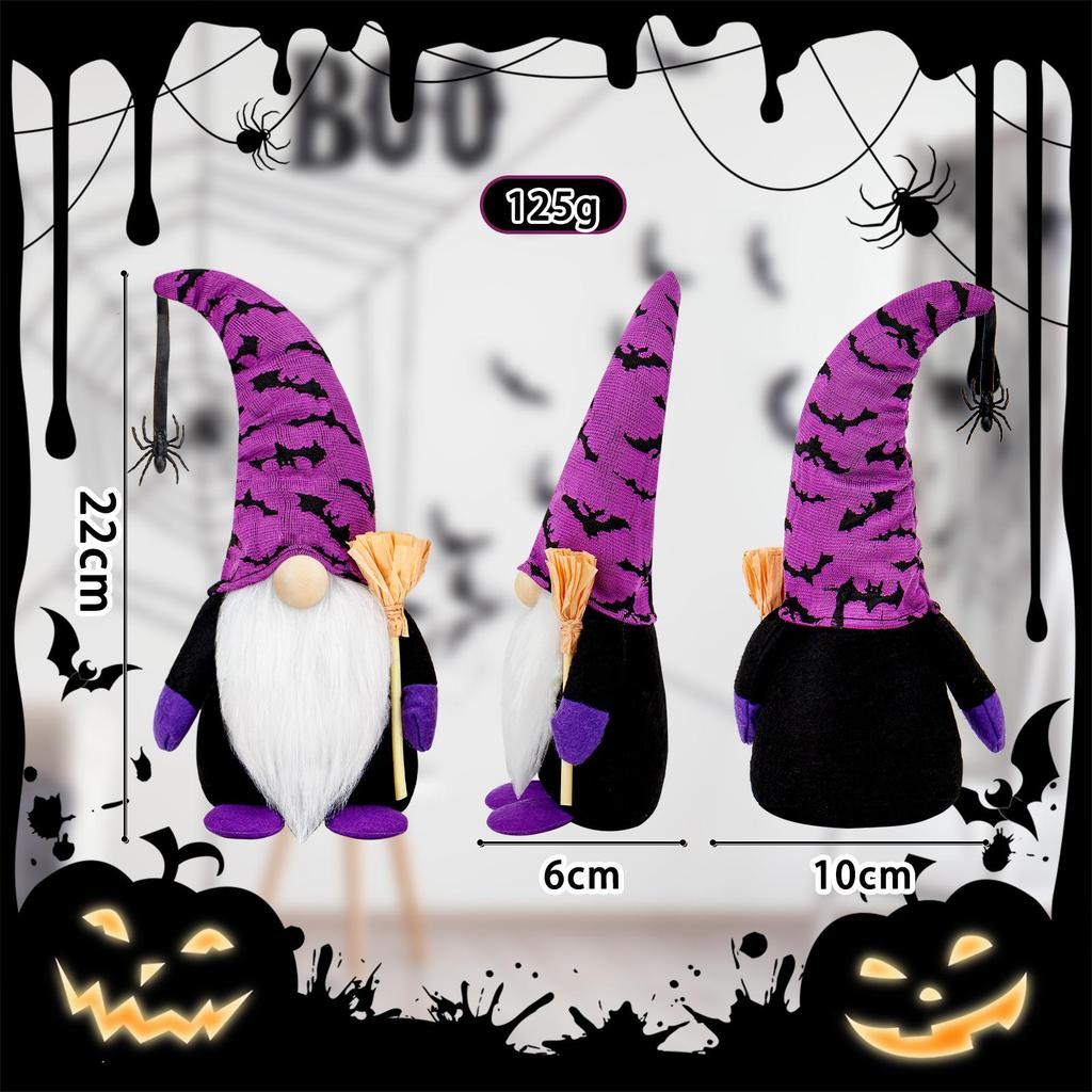 Faceless Halloween Gnome Doll with Broom and Spider Bat Decorations