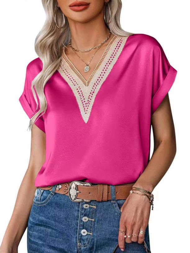 2026 Elegant Lace V-neck Solid Color Short Sleeve Women's T-shirt