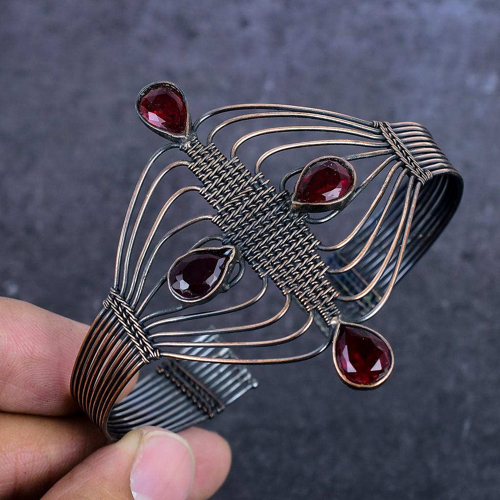 Garnet Gemstone Handmade Copper Wire Wrap Cuff Bangle Adjustable ET-4982
