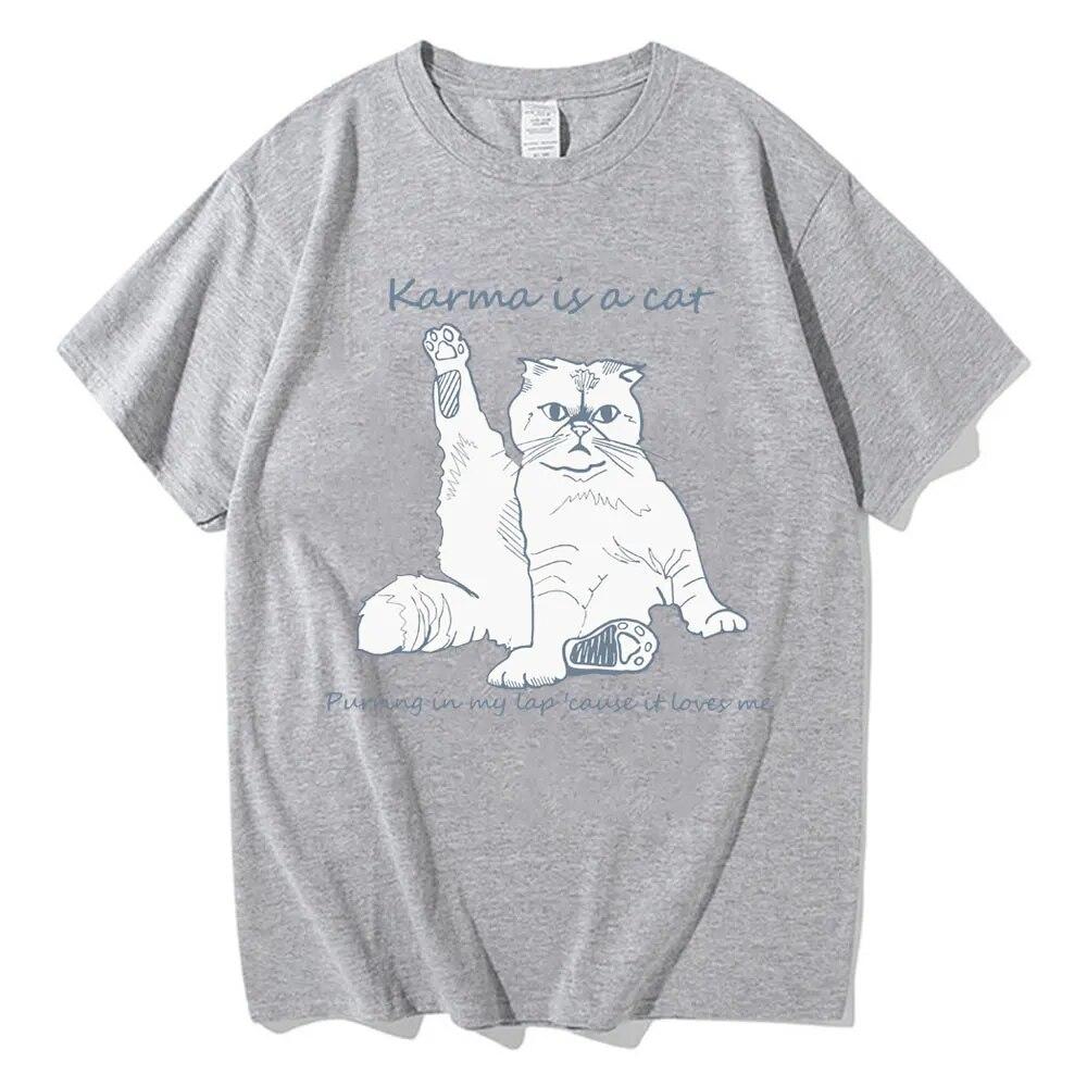 Karma Is A Cat T-skjorte med grafisk trykk Unisex kvinner Uformell Søte T-skjorter i bomull Overdimensjonerte par Kortermet Streetwear-gaver