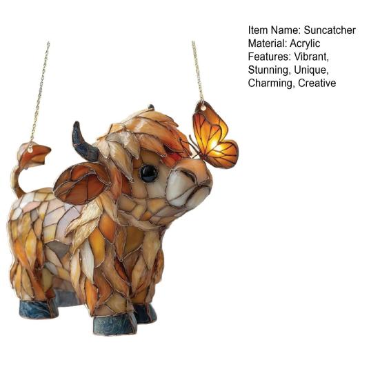 Highland Ko Fjäril Solfångare Glasmålning Stil Fönsterhängande Prydnad Akryl Gårdsdjur Solfångare för Hem Solrum Trädgård Dekor Gåva för