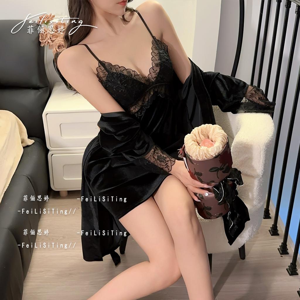 Sexy pajamas women's golden velvet autumn and winter lace with chest pad suspender nightdress hot pure desire style autumn