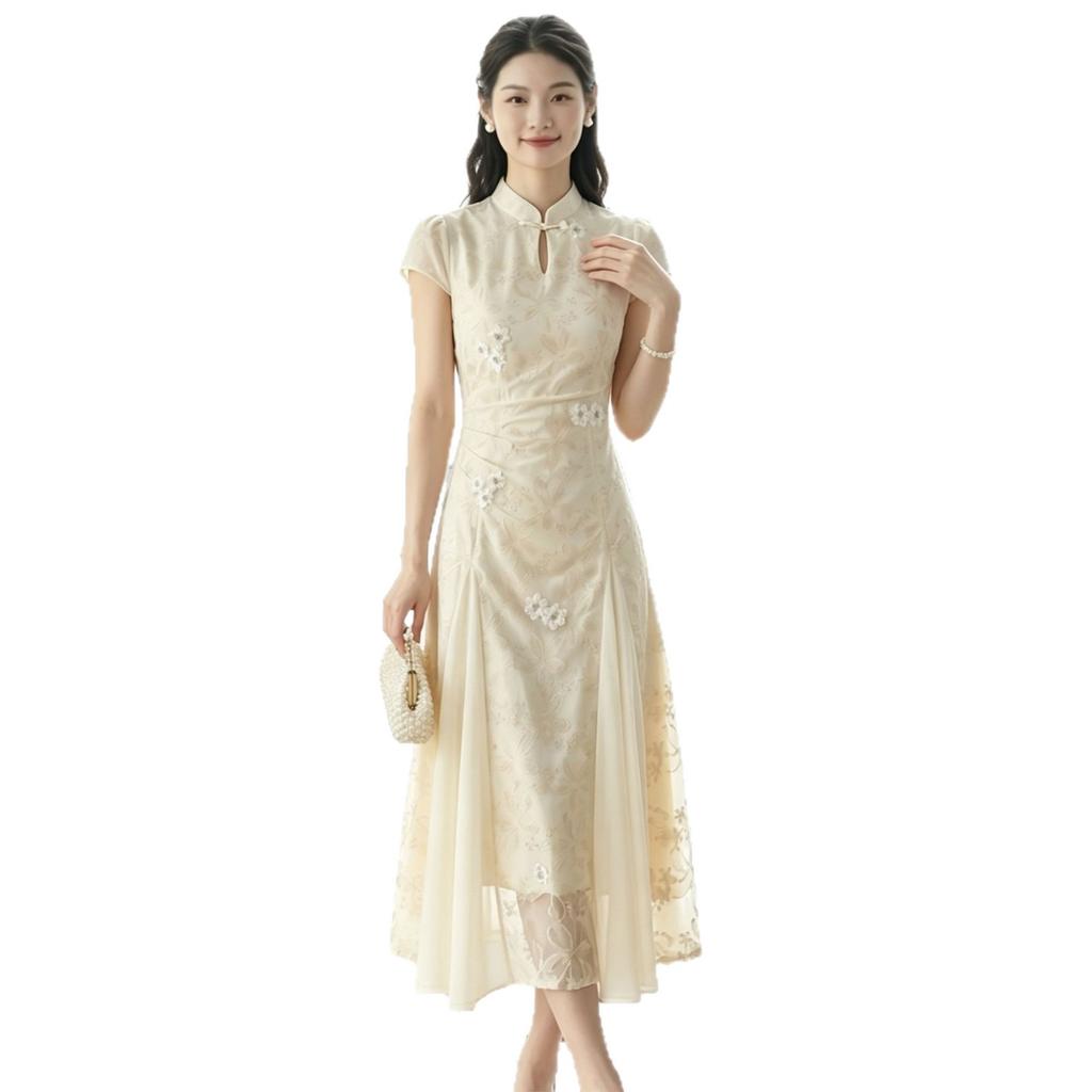 [Spot] Summer new new Chinese stand-up collar embroidery gentle temperament medium and long retro dress women's dress