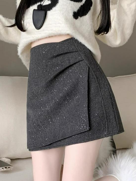Korean Sequin Woolen High-Waist A-Line Skirt, Anti-Exposure, Autumn/Winter Style for Girls