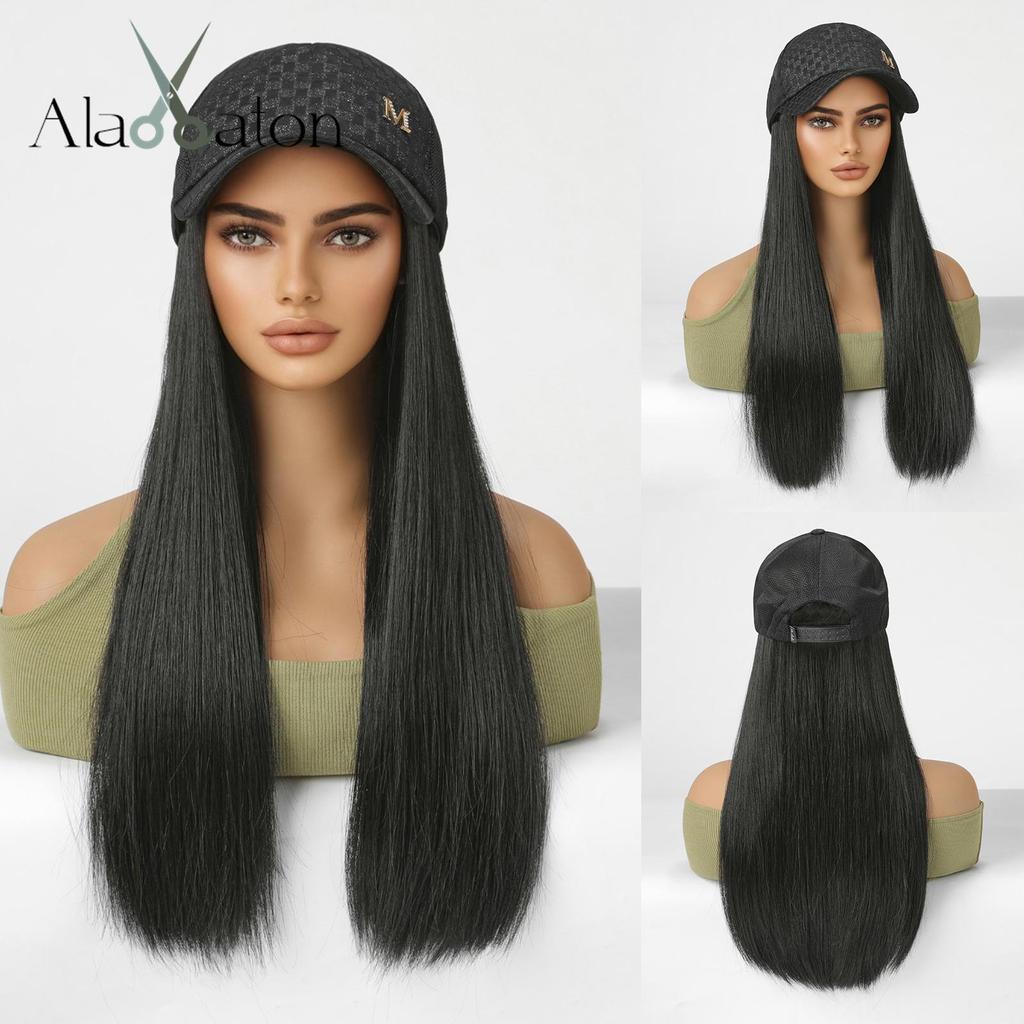 ALAN EATON Long Black Synthetic Wigs with Baseball Hat Removable Silk Straight Wig for Women Smooth Natural Realistic Wig Heat Resistant