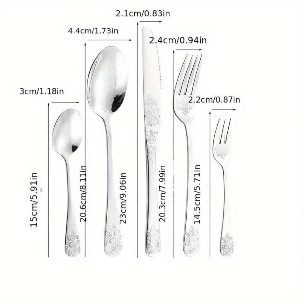 Stainless Steel Cutlery Set Unique Floral Engravings High-end Steak Knife, Fork, Dessert Spoon, Suitable for Banquets Parties