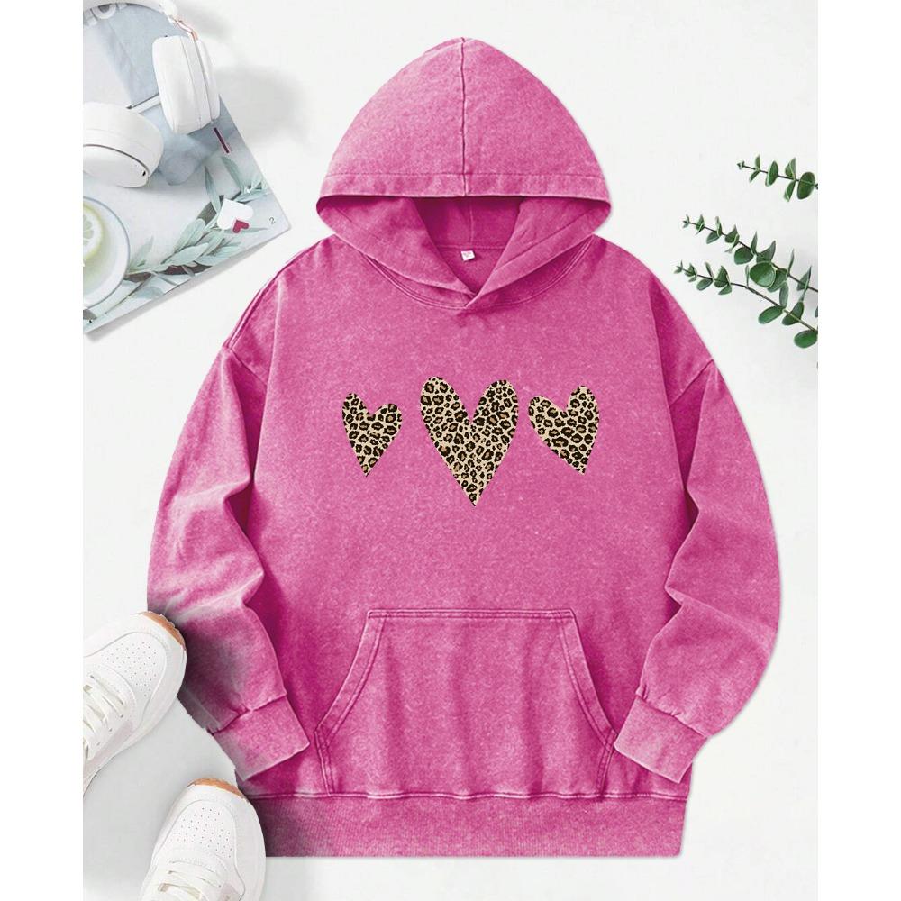 Leopard Print Love Printing Washed Hoodies Women Cotton Hip Hop Streetwear Fashion Comfortable Hoody Oversized