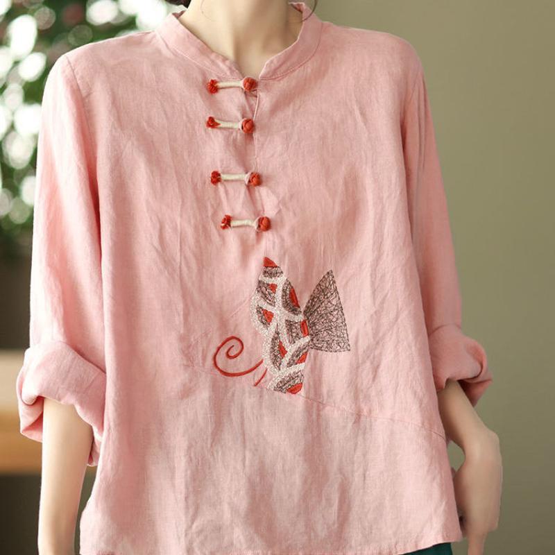 Ethnic Chinese Women Embroidery T-shirts Tops Blouse Retro Casual