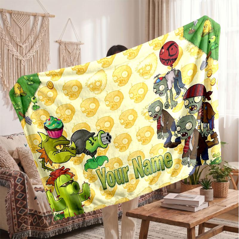Plants vs. Zombie Personalized Flannel Blanket, Custom Printed Text Name, Warm Soft Blanket For Couch Bed