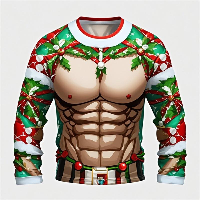 Divertenti Magliette Stampate in 3D con Muscoli Finti di Babbo Natale Brutto Natale Uomo Donna Magliette a Maniche Lunghe Moda Oversize Abbigliamento Natalizio da Uomo
