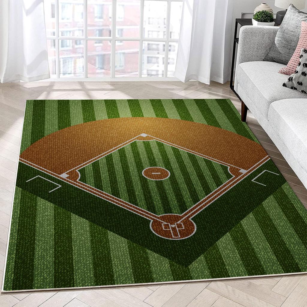 Baseball Field Carpet Mat Rug - Green Stripes Realistic Sports Theme Home Decoration for Living Room Kids Play Area Bedroom Mat