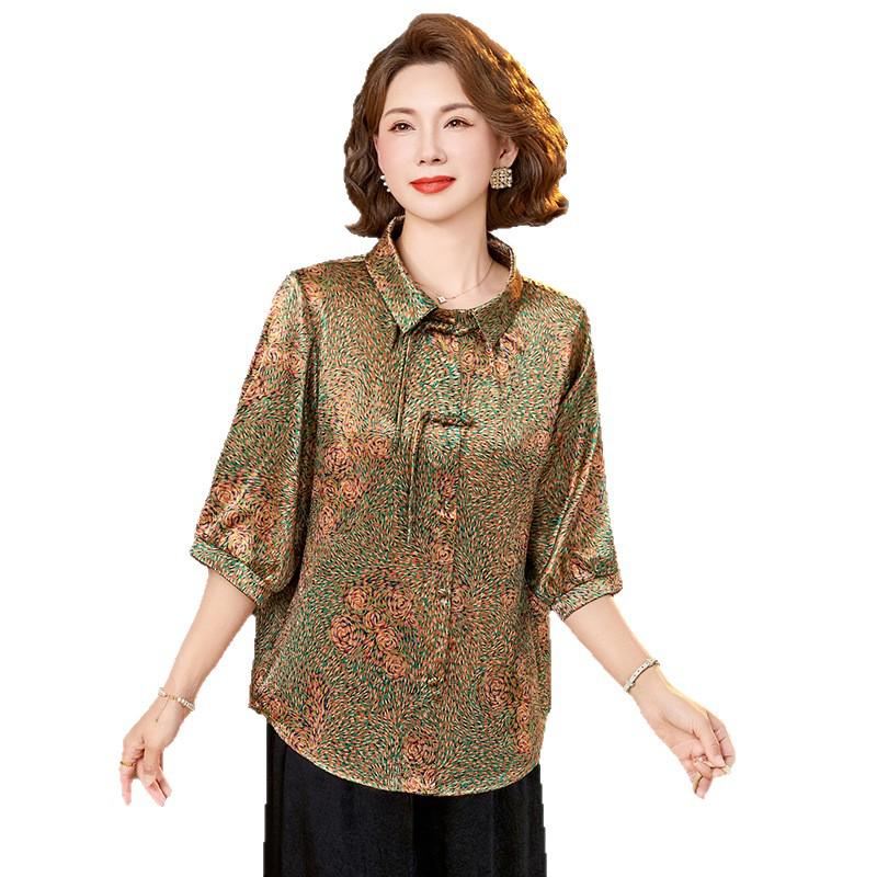 Mom's Stylish Floral Seven-Sleeve Shirt for Middle-Aged Women - Trendy and Casual Thin Jacket