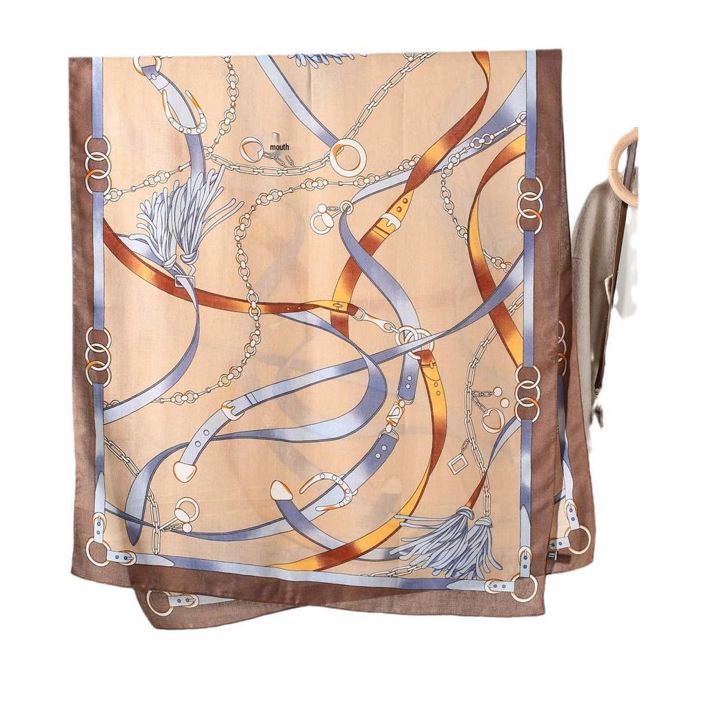 European & American Retro Leather Buckle Chain Print Women's Silk Scarf - Spring/Autumn Fashion Accessory