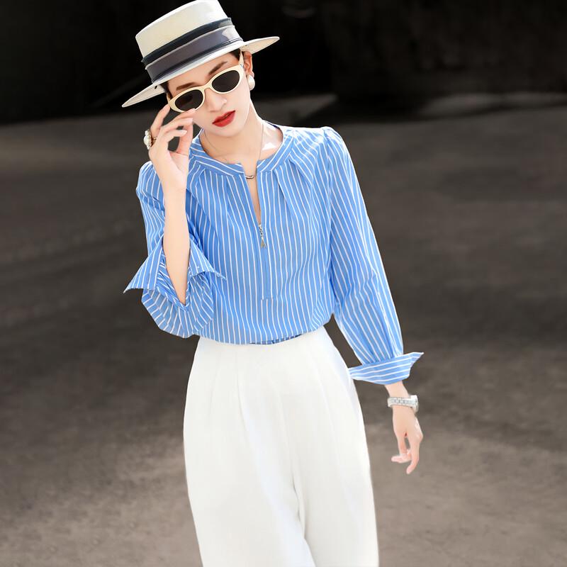 Lancer 2026 Spring Women s French Style Striped V-Neck Half-Zip Shirt M