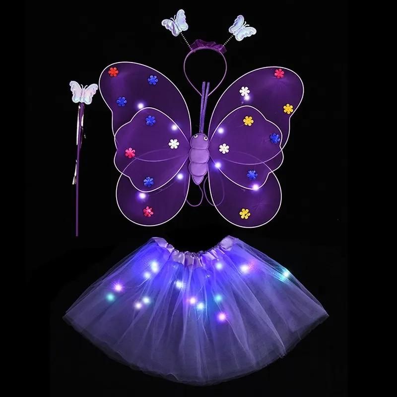 Non-Toxic 2-6 Year Led Children Costume Props Children Skirts Luminous Wing Toys Flashing Butterfly Wing Skirt Set Kids Luminous Party Toys