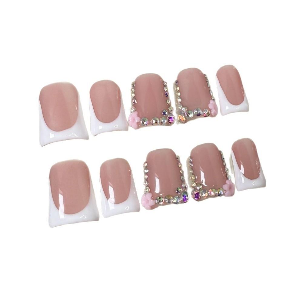 Pink Color Press On Nails White French Tip Handmade False Nails Rhinestones Design 3D Carving Duckbill Nails Wearable Nails