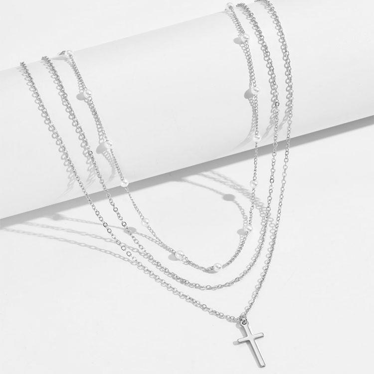 

Elegant European & American Cross Necklace with Pearl Clavicle Chain – Fashionable Multi-Layered Women s Accessory серебряный