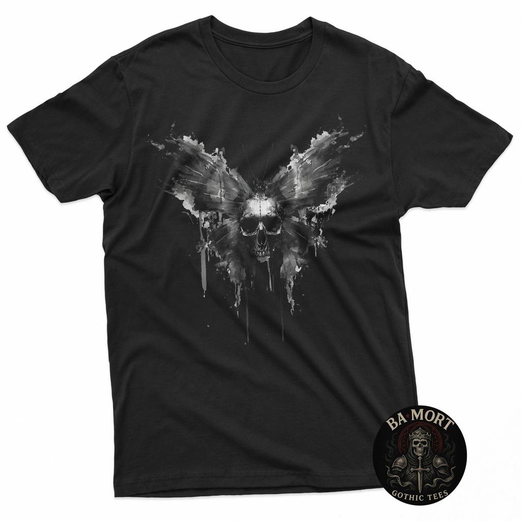 T-shirt Art Gothique Grunge Éclaboussures d'Encre Papillon Crâne