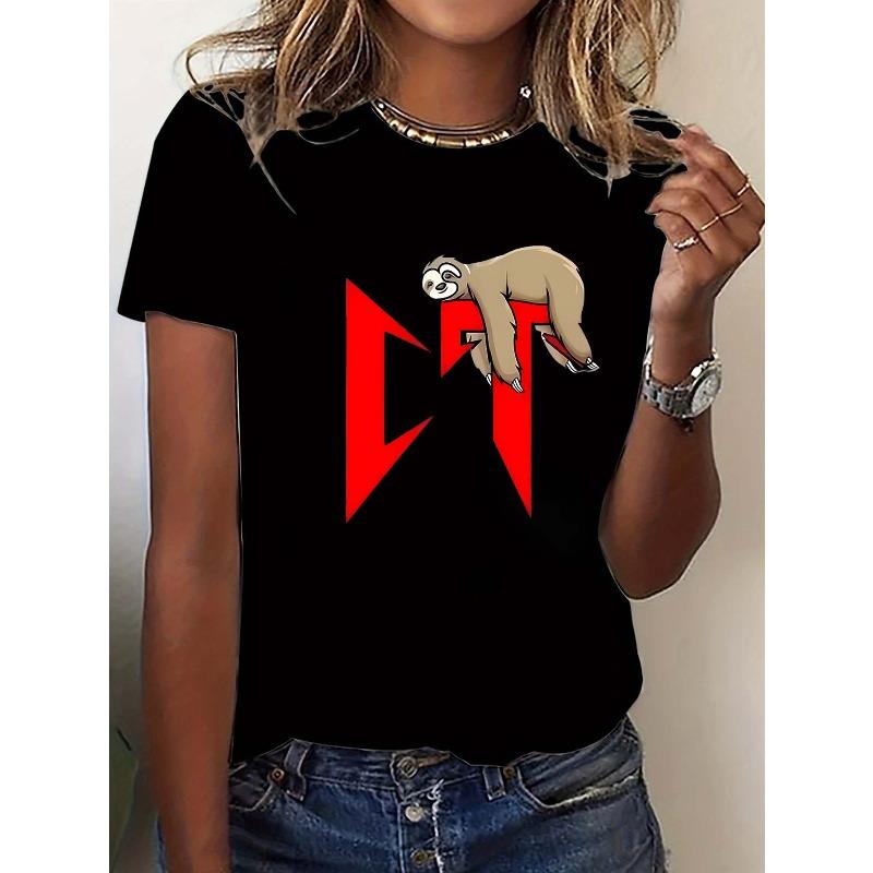 

European sizesCute Sloth Print T-Shirt - Streetwear Casual Short Sleeve Round Neck Top with Sloth Face Sloth Holding Branch, Medium-Stretch Fabric 4XL чорний